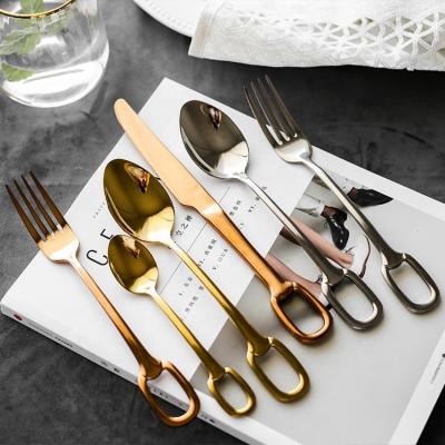 China Sustainable Luxury Mirror Polished Color Stainless Steel Brass Cutlery Set With Hook Ring Handle Spoon Fork Knife Set for sale