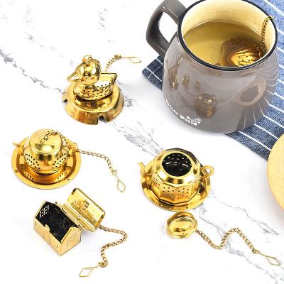 China Sustainable Reusable Cute Shape Stainless Steel Tea Infuser Gold Plated With Handle Tea Ball With Tea Chain Strainer for sale