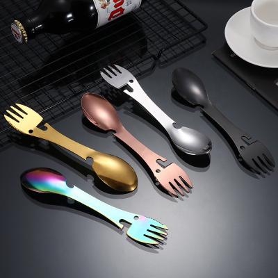 China Stainless Steel Portable Multifunctional Cutlery Set Spoon Fork Knife Gold Plated Bottle Opener 4 in 1 Camping Cutlery for sale