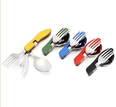 China Viable Camping Cutlery Set Spoon Fork Knife 3 In 1 Drinking Stainless Steel Multifunctional Folding And Detachable Flatware Set for sale