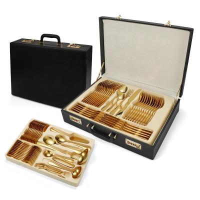 China Amazon Stocked Hot Selling Luxury Hotel Supplies Stainless Steel Gold Plated 72pcs Cutlery Set With Black Leather Case for sale