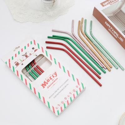 China Drinking Reusable Stainless Steel Colorful Plated Straws 4 Pieces Set Christmas Gift Sets Christmas Printed Straws Color Box Set for sale