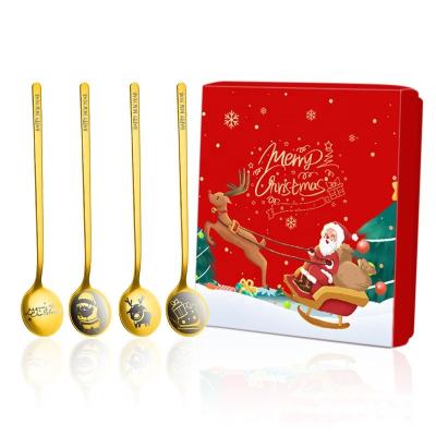 China Sustainable Stainless Steel Tea Spoon Round Shape Spoon With Christmas Pattern Gold Plated Dessert Spoon Set With Christmas Gift Box for sale