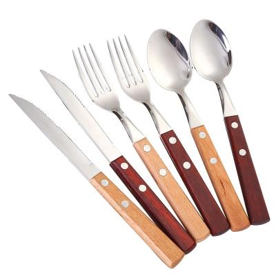 China Wholesale Flatware Set 304 Stainless Steel Stocked Good Quality Handle Wooden Cutlery Set For Restaurant Hotel for sale