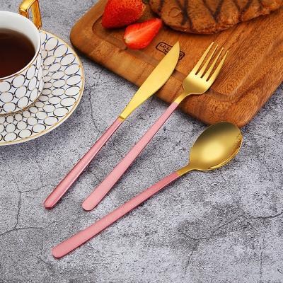 China Sustainable Korean Style 304 Stainless Steel Cutlery Set Rose Gold Spoon Fork Knife Set Handle Spray Paint Gold Plated Flatware Set for sale