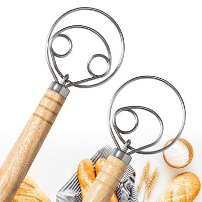 China Viable Wholesale Cheap Price Custom High Quality Danish 304 Stainless Steel Bread Batter Beater Dough Mixer With Wooden Handle for sale