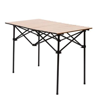 China Wholesale Price Leisure Camping Wood Grain Iron Feet Iron Sheet Roll Easy-Carry Compact Camping Aluminum Outdoor Folding Aluminum Table for sale