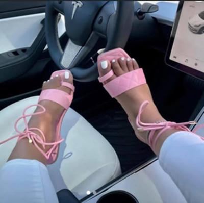 China Fashion Trend Women's High Quality Cheap Sandals Casual Solid Color Women's Casual Solid Lace Up Flat Sandals With Straps for sale