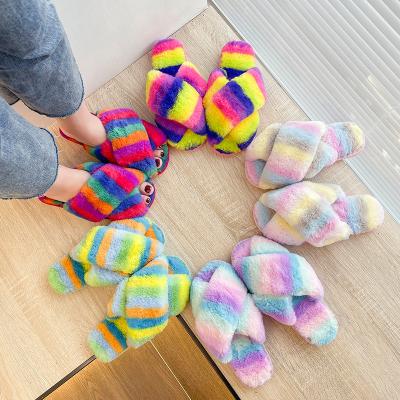 China Fashion Trend Bedroom Fuzzy Faux Fur Slipper Flat Fuzzy Faux Fur Slipper Flat Flip Flops Women Slippers Women's Toe House Shoes Cross Tie Dye Flip Flop Sandals for sale