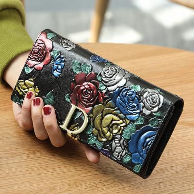 China 2021 New Long Cowhide Handbag Waterproof Women's Wallet Coin Purses National Style Three-dimensional Printing Designer for sale