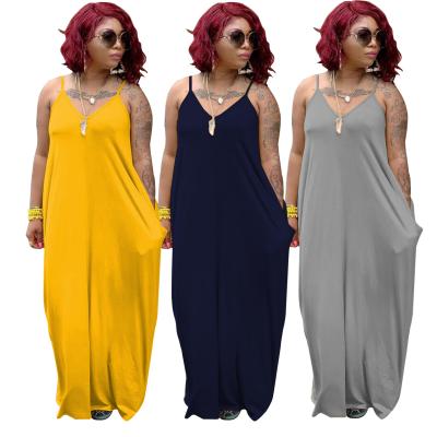 China Long Solid Color Dress Women V Neck Breathable Floor Length Maxi Slip Dress Comfortable Casual With Pockets for sale