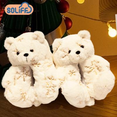 China Comfotable Christmas Teddy Bear Slippers Plush For Kids Woman Christmas Novelty Slippers Teddy Bear Slippers for sale