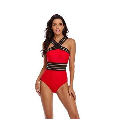 China Custom Women Logo Red Color Breathable Striped Patchwork Fashion Swimwear Vendor Girls One Piece Swimsuit for sale