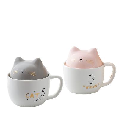 China Hot Selling Disposable Porcelain Cup Ceramic Mug With Cute Cartoon Cover 380ML Capacity for sale