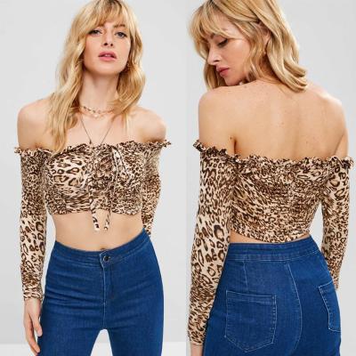 China Women Frill Leopard Off Shoulder Crop T-shirt for sale