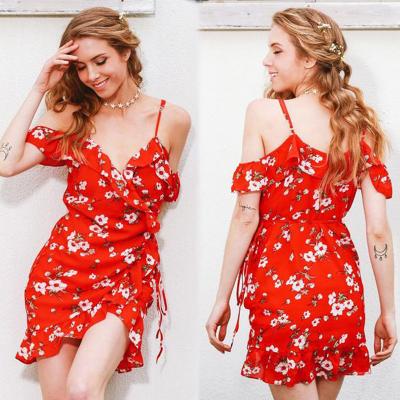 China Der Beleg-kundenspezifisches rotes kurzes Chiffon- Blumen-Kleid der China-Kleidungs-Hersteller-Service-Frauen Mini zu verkaufen