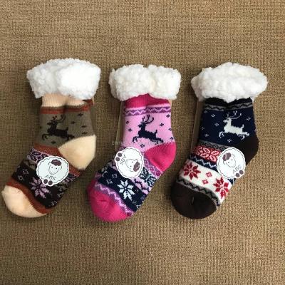 China Anti-skid kids warm home socks with snowflake and deer pattern, double layer socks, winter indoor socks for sale