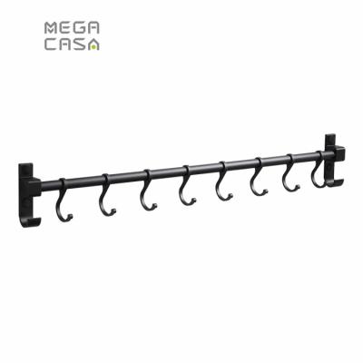 China High Quality Wall Mounted Aluminum Kitchen Rail Black Kitchen Utensil Holder Stocked With Hanging Hook for sale