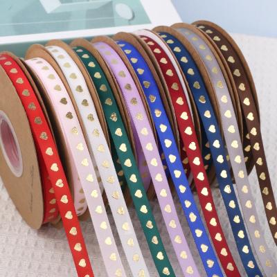 China Wholesale 1cm grosgrain label ribbon gift printing gold foil heart satin polyester wrapping ribbon with brand logo for sale