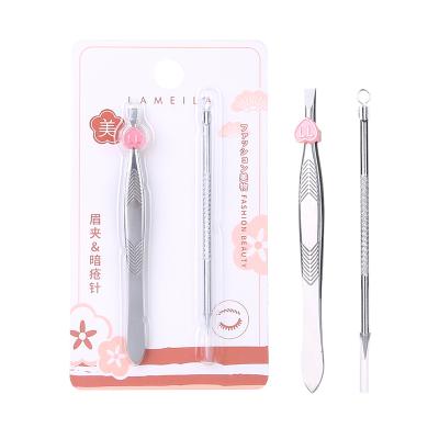 China Wholesale Lameila Slanted Flat Head Eyebrow Tweezers Set 2pcs Private Label Stainless Steel Eyebrow Tweezers With Ance Needle A0103 for sale