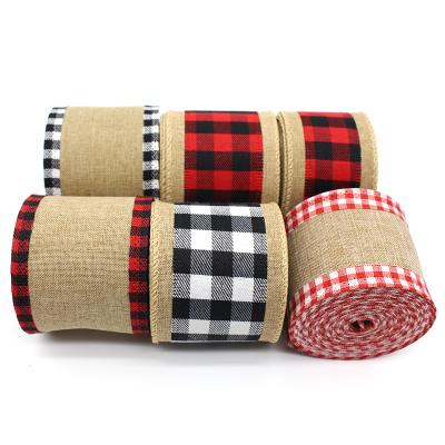 China Recyled 2.5 Inches Red White Tartan Ribbon Christmas Gift Wrap Retro Plaid Ribbon Black Plaid Polyester Ribbon Wholesale for sale