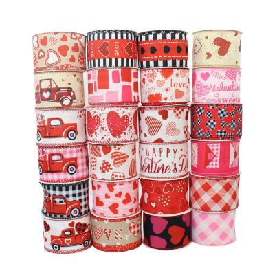 China Inches Holiday Gift Design Decorations Valentine's Ribbon Wired Plaid Ribbons Pink High Tenacity 2.5 Love Red Sweet Valentine Heart Happy for sale