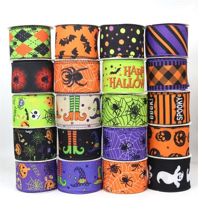 China Wholesale Customized Halloween High Tenacity Wired Edge Ribbons Linen Ribbon (2.5 inch) For Bows Crafts Party Decoration for sale