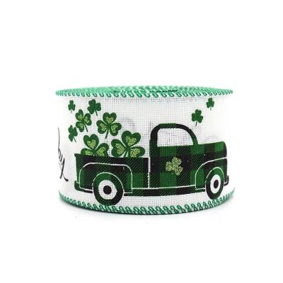 China Custom White Green Clover Roll Four Leaf Ribbon Design Lattice Factory High Tenacity Cable Gift Gift St. Patrick's Day Ribbon for Holiday for sale