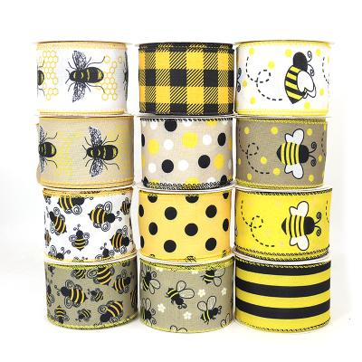 China High Tenacity 2.5 Inch Bee Ribbon Black and Yellow Stripes Bumble Bee Cable Ribbon by Easter Spring Ribbon Christmas DIY Crafts Decoration for sale