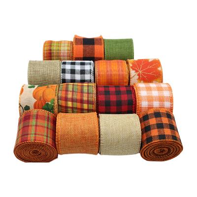 China High Tenacity China Wholesale Customized 2021 Fall Ribbon Roll Plaid Check Wired Edge Woven Printed Decorative Fall And Halloween Ribbon for sale