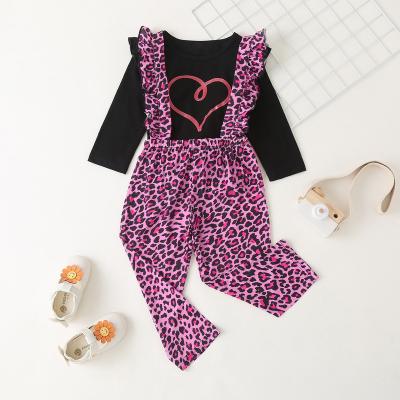 China New Arrival Sweet Kids Girl Outfits Leopard Print Suspenders Suit Valentine's Day Girls Two-Piece Sets for sale