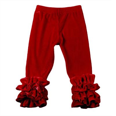 China Newest Breathable Girl Pants Red Velvet Ruffle Leggings Kids Fall Icing Pants Solid Color Fashion Baby Pants for sale