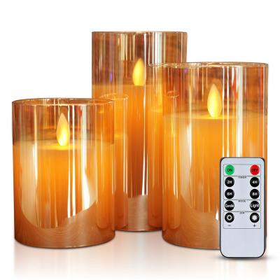 China Homemory Homemory Gold Flameless Candles LED Glass Pillar Flickering Battery Operated Candles with Remote Control and Timer for sale