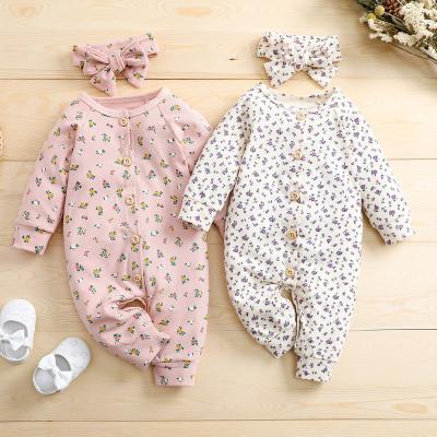 China Spandex / Cotton Knitted Jumpsuit One Piece Floral Baby Romper With Headband for sale