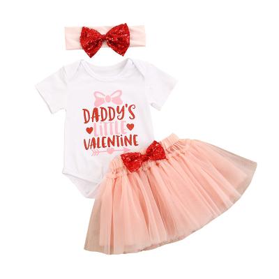 China Spandex/Cotton 2021 Valentines Day Newborn Romper Baby Girls Short Sleeve Skirt Mesh Dress 3pcs Clothes Set With Headband for sale