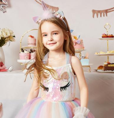 China Spandex/Cotton Kids Girl's New Fashion Colorful Sequins Sequins Unicorn Princess Birthday Dress Cute Birthday Dress for sale