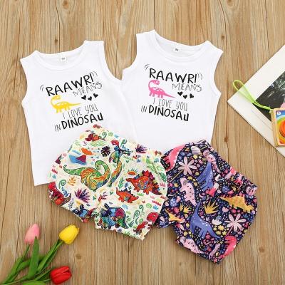 China Spandex/Cotton Summer Children Kids Soft Cotton Shorts Vest Girl Dinosaur Cartoon Kids Clothes Set For 2-6Y for sale