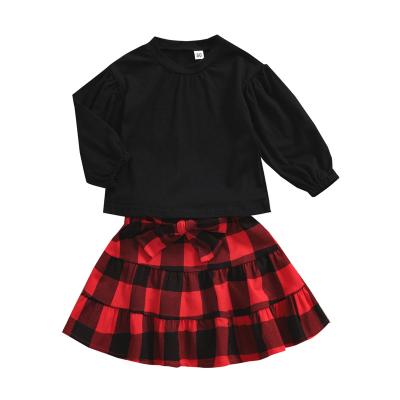 China Spandex/Cotton Factory Winter Girls Long Sleeve Hoodie Clothing Kids Black Plaid Skirt for sale