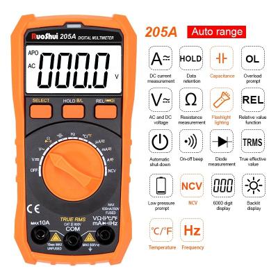 China RuoShui 205A Portable Plastic Auto Range RMS Digital Counts NCV LIVE Torch AC/DC Multimeter 6000 True Current Meter AC/DC Meter for sale