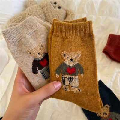 China Lovely 3d cartoon girls tube socks cute woolen winter women warm fuzzy socks Sweat-absorbent bear slouch socks for sale