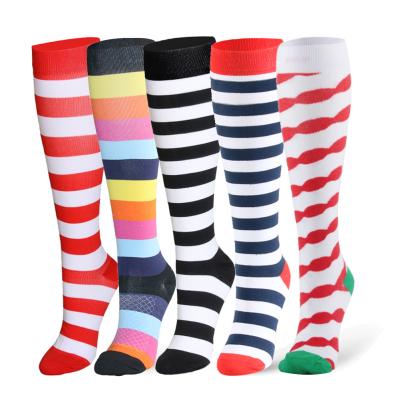 China Long QUICK DRY Socks Women Sport 10-15 mmHg Mature High Quality Medical Rainbow Stripe Compression Sports Socks Sports Socks for sale