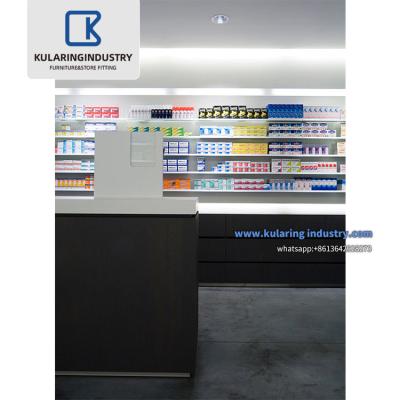 China Retail Store Fashion Pharmacy Store Decoration Shop Interior Design Furniture Wooden Modern Medical Display Rack for sale