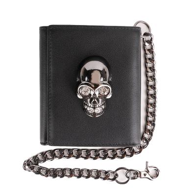 China Custom Leather Wallets Mens Diamond Skull Leather Biker Wallet RFID Blocking Chain Wallet for sale