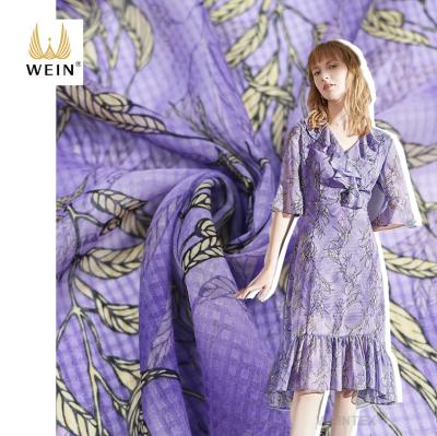 China WI-J05 75gsm check floral printed jacquard woven chiffon fabric anti-static purple for dress for sale