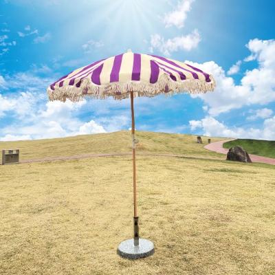 China Traditional 1.8m Round Beach Parasols Cotton Tassel Garden Wooden Beach Umbrella for sale