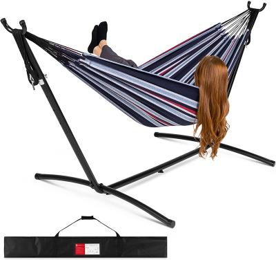 China Durable cotton double hammock with space-saving steel stand includes portable carrying case for sale