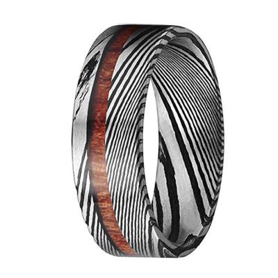 China New Arrival Fashionable 8mm Wide Men's Damascus Steel Ring With Wood Inlay for sale