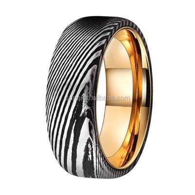 China Fashionable 8mm Mens Damascus Steel Ring Gold Plated Innerface Comfort Wedding Fitted for sale