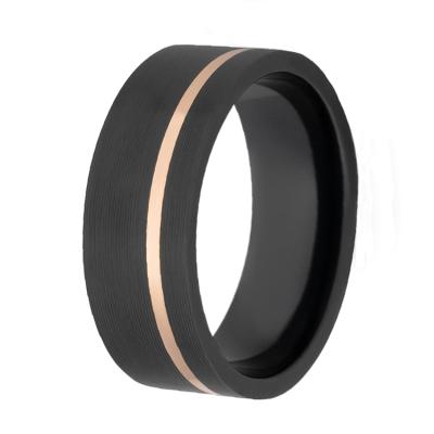 China Fashionable Wholesale Rose Gold Grooved Black Zirconium Ring Men's Wedding Band 8mm Satin Finish Handmade for sale