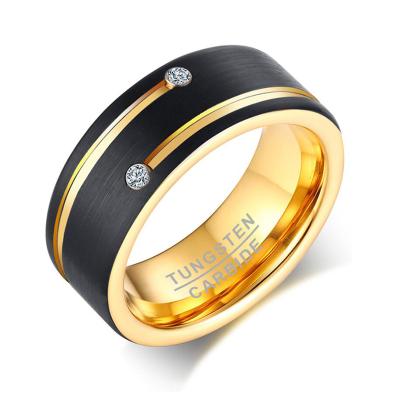 China Factory Wholesale Gold CZ Diamond Wedding Rings Gents Male Tungsten Carbide Rings Black Stone Factory FASHIONABLE for sale